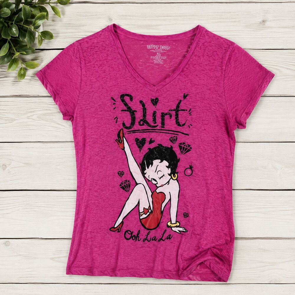 Betty Boop T Shirt Womens XL Junior Flirt Pink V Neck